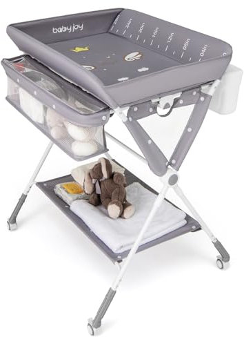 COSTWAY Fasciatoio Pieghevole per Bambini, Fasciatoio Portatile con Altezza Regolabile a 3 Livelli, Fasciatoio Neonato con Ruote di Bloccabili, Ripiano, Porta Asciugamani, Cestino di Rifiuti (Grigio)