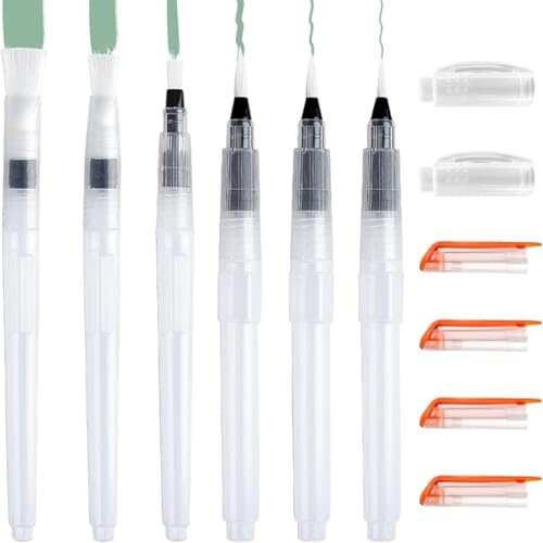 Wasserpinsel Stifte, Wassertankpinsel Aquarell Set, Watercolor Pinsel mit Tank Wasserpinsel mit BefüLlbarer Spitze und Flachspitze Nachfüllbare Aquarellstifte für Wasserfarbenmalerei Farbmischen,6 Stk