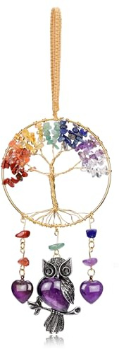 CrystalTears Chakra Crystal Tree Life Hanging Ornament Handmade 7 Chakra Healing Crystals Gemstone Owl Hanging for Home Window Wall Car Decoration Gifts for Women Men Friends