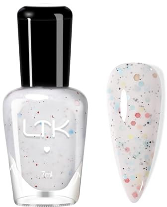 DMQ White Nail Polish, Glitter White Nail Varnish with Sequins, Quick Dry & Long Lasting Nail Gel, Confetti Pop Multicoloured Holographic Nail Art DIY Manicure at Home - No Need Cured