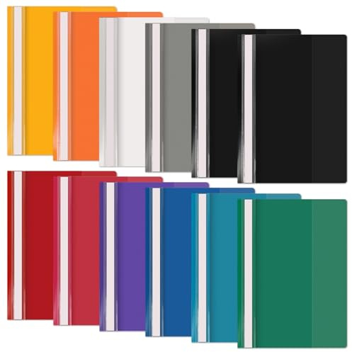Binditek Project Folders, 2 Prongs, A4 Size, Multicolour, 12 Pack | Plastic Presentation File Folders with Transparent Cover, 11 Multicolour, Ideal for Classroom, Office, Reports