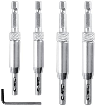 Hinge Drill Bit Set 5PCS – Self Centering Woodworking Hole Opener for Cabinet Door – 5/64, 7/64, 9/64, 11/64, with Hex Shank Steel Self Centering Drill Bit for Precision Drilling