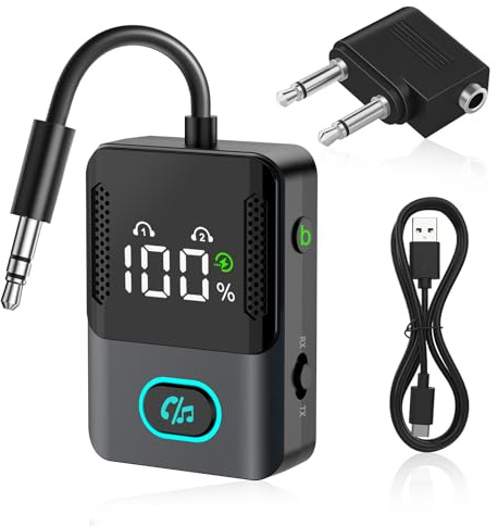 Bluetooth 5.3 Transmitter Receiver, 2-in-1 Airplane Wireless Bluetooth with LED Display, Compatible with 2 AirPods or Wireless Headphones, 3.5mm Aux Audio Jack, for Flight/TV/PC/Car/Speaker/Gym
