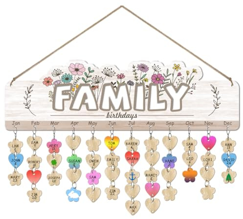 arricraft Kalender Geburtstagskalender Holz, Wiesenblumen Hängend Familien-Geburtstagstafel mit 100 Holz Tags Erinnerung Familie und Freunde Kalender für Schlafzimmer, Büro