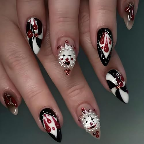 Yamobi 24PCS Karneval Almond Nägel Zum Aufkleben mit Circus Clown, Joker Face & Poker-Motiven, Goth Press on Nails,Gel Press on Nails, Y2K-Design, Zweizackige Nägel