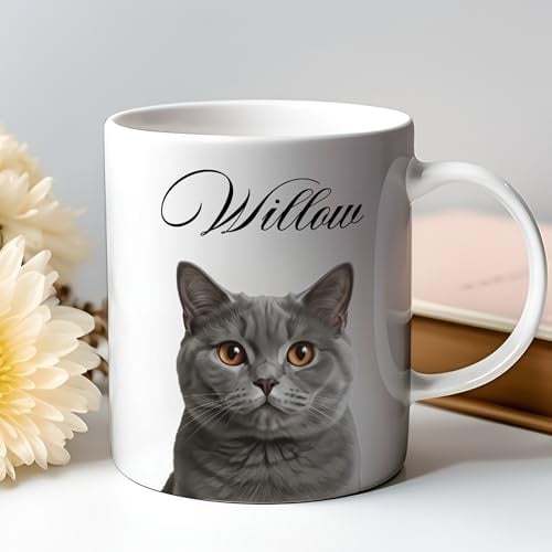 Custom British Shorthair Mug Personalised Cat Name, Cute Round Face (White)