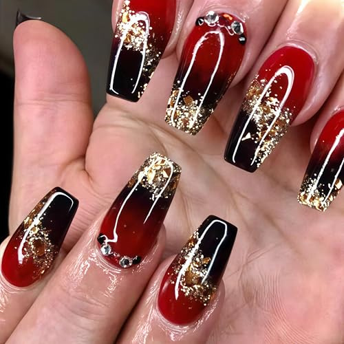 Lot de 24 faux ongles à presser carrés rouges et noirs avec paillettes dorées scintillantes pour manucure