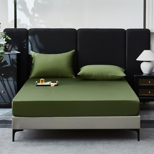 YASMENG Spannbettlaken 90x200cm Baumwolle Satin Olivgrün Bettlaken 90x200cm 100% Langstapelige Baumwolle Kühlend Weich Atmungsaktiv Mako Satin Spannbettlaken Boxspringbett Geeignet für 30cm Matratze