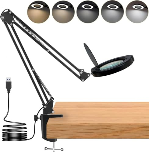 15X Lupe mit Licht, 84 LED Lupenleuchte mit Klemme 5 Farbtemperaturen 10 Helligkeitsstufen, Freihändige Schreibtischlampe für das Lesen Handwerk Reparatur Malerei