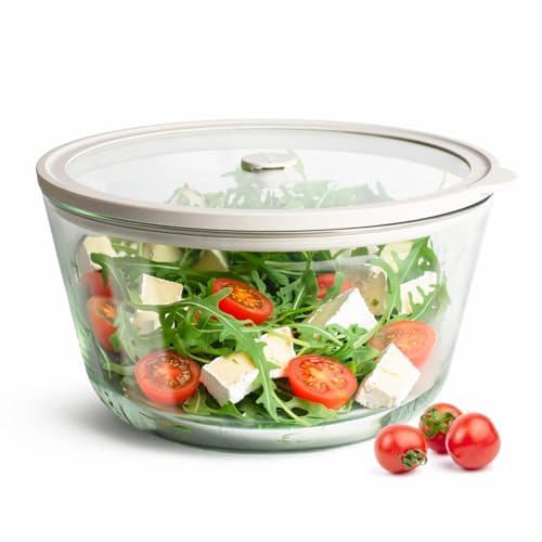 Sendez Glasschale mit Deckel 2,5L Ø22cm Salatschale aus Borosilikatglas mit Griff & Silikonring Luftdichte Frischhaltedose mit Klick-Ventil für Mikrowelle & Kühlschrank