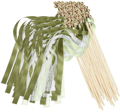 VETOLAKA Lot de 50 baguettes de mariage : rubans en soie verts, baguettes magiques de mariage avec 100 grandes clochettes et 150 rubans de mariage, utilisés pour mariages, anniversaires, fêtes, fêtes