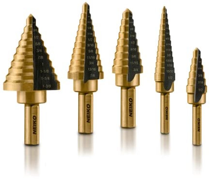 NEIKO 10197A Step Drill Bit Set, 5 Pc Step Bit for Metal, 50 SAE Sizes Total, 1/8” – 1-3/8”, SAE Titanium High Speed Steel Unibit, Stepper Cone Drill Bit, Two Flute Step Down Bits, Step Up Drill Bits