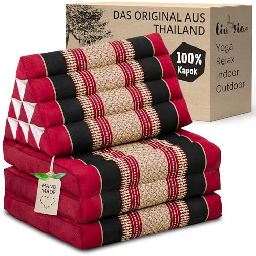 livasia Thaikissen mit 3 Auflagen - 175x50x8cm - Dreieckskissen mit Klappmatratze, Keilkissen Kapok, Rückenkissen faltbar, Thaimatte zum Klappen, handgefertigt, Meditationskissen (Rot/Schwarz)