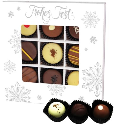 Hallingers Genuss Manufaktur Pralinen Weihnachts-Geschenk - mit & ohne Alkohol, handmade aus Edelkakao in wertiger L-Geschenkbox Frohes Fest Weiß, Weihnachten für Frauen Männer