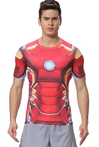 Cody Lundin® Men's Short Sleeve Compression T-Shirt Gym Heroes Character Jogging, Iron Man, Large