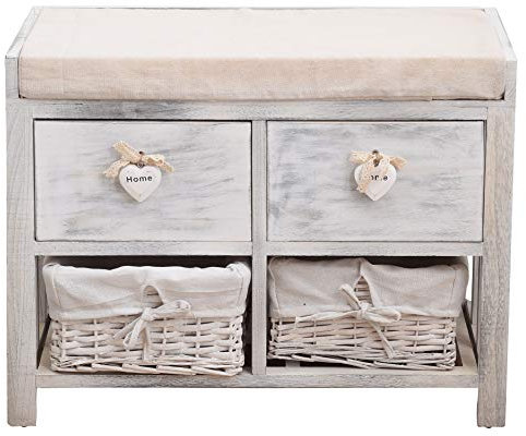 Rebecca Mobili Aufbewahrungsbox aus Holz, mit gepolsterter Sitzfläche 2 Schubladen und 2 Rattankörben, Weiß, Vintage-Stil, Schlafzimmer Badezimmer -Maße: 46 x 60 x 30 cm (HxLxB) – Art. RE4553