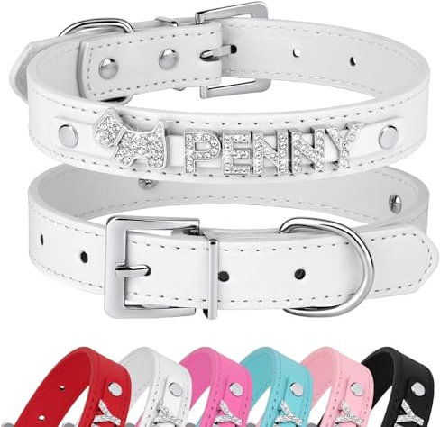 Didog Glattes PU-Leder benutzerdefinierte Hundehalsbänder Set mit Strass personalisierten Namensbuchstaben, passend für kleine mittelgroße Hunde, weiß, M