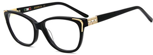 FERAVIA Occhiali da donna classica montatura vintage cat-eye con strass Lenti trasparenti vintage alla moda (Colore nero)