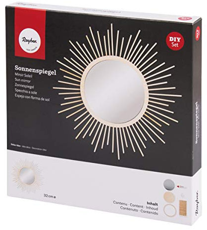 Rayher 62916000 Bastelset Sonnenspiegel mit Holzstrahlen, klein, Gesamtdurchmesser 32 cm, Spiegel 15 cm Ø, Wandspiegel, Dekospiegel, Natur, Beige