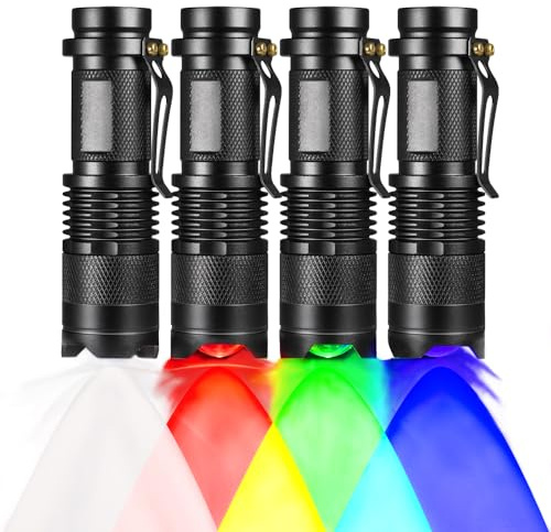 RaySoar 4 Pack Color Light 3-Mode Torch: Red Light Flashlight, Green Light Flashlight, Blue Light, Cool White Light Torch for Night Observation