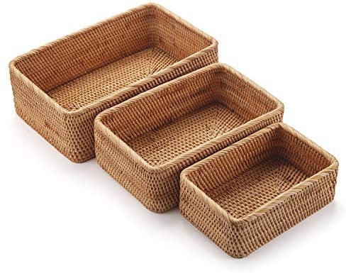 Rectangular Rattan Storage Baskets Stackable Woven Wicker Box Key Holder for Kitchen Cupboards Shelf Natural Set of 3