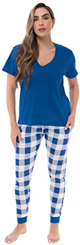 Just Love Pyjama-Jogger-Hosen-Set, Nachtwäsche, Büffelkaro und Batikfärbung, Buffalo Plaid – Marineblau Weiß, S