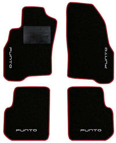 QUEMAR Tappetini Auto compatibili con Punto e Punto EVO 2009-2018/ Kit Tappeti in Moquette e Gomma su Misura (Set 2 Anteriori + 2 Posteriori)/Ricami e Colori Personalizzati (4 Ricami, Bordo Rosso)
