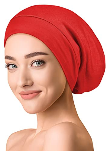 OLESILK Seide & Baumwolle Slouch Beanie Mütze Schlafhaube Seide Chemo Kopfbedeckung dünne leichte und weiche Laufmütze Strickmütze Unisex Jersey Sommermütze verstellbar für Damen & Herren, Rot