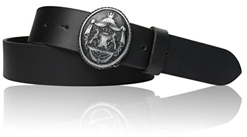 FRONHOFER Damen Trachtengürtel mit dunkler Gürtelschnalle Löwen Wappen Brosche, 17764, Größe:Körperumfang 120 cm/Gesamtlänge 135 cm, Farbe:Schwarz