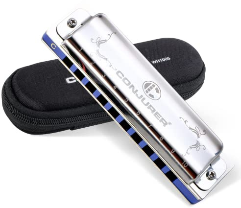 Conjurer Blues Mundharmonika C-Dur Anfänger& Kinder Blues Harp C 10-Loch Diatonische Harmonika Instrument Muntamonika mit hochwertigen Messing Stimmzungen und Hervorragender Klang, 1005 C Dur, Silber