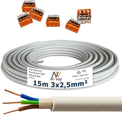 NYM-J 3x2,5 mm² 15m Mantelleitung Installationskabel mit 6 Stück WAGO Klemmen M124