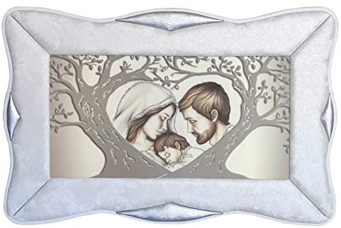 Quadro Sacra Famiglia Albero della Vita Cornice Rondine in Ecopelle Bianca, Arredo soggiorno salotto camera da letto cucina ufficio bar ristorante Regalo utili, originali ed economici (Argento 120x60)