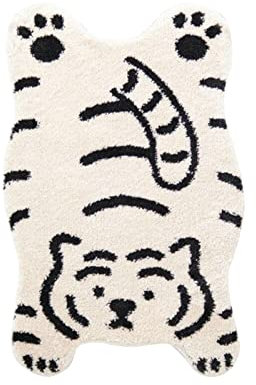 Niedlichem Tiger Kleiner Teppich - 40 x 60cm rutschfest Badezimmerteppich, Weich Waschbar Teppich Schlafzimmer, Mikrofaser Kurzflor Bettvorleger für Wohnzimmer Schlafzimmer Küche Tür (Weiß)