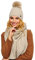 ELIMELI® Kaschmir Mütze Schal Damen Winter Kombi Set - warme Strickmütze mit Kunstfell Bommel - 3-teilig, Winterset Wintermütze passender Wollmütze Beanie Slouch Strick - Beige