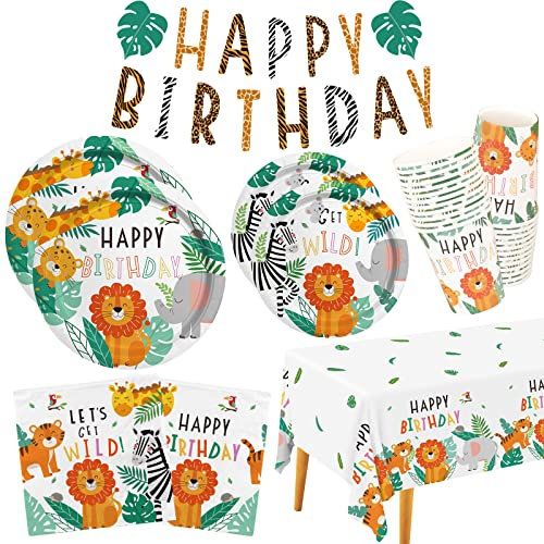 Safari Birthday Party Supplies Jungle Disposable Paper Plates Napkins Cups Tablecloth and Banner for Safari Jungle Theme Birthday Decorations, Serve 25