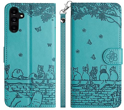 Aisenth Handyhülle für Samsung Galaxy A54 5G, Katze, Schmetterlings Muster Leder Handytasche Brieftasche Klapphülle Etui Flip Case Schutz Hülle mit Ständer, Magnet, Kartenfächer -Blau Grün
