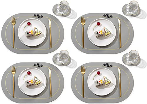 4 sets de table et 4 sous-verres, ensemble ovale de sets de table et sous-verres, sets de table 45 x 30 cm et dessous de verre 14 x 10 cm, cuir recyclé, ensemble de table à manger (couleur : gris,