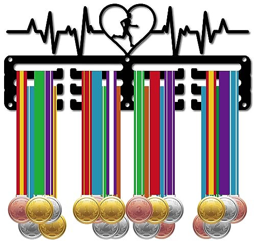 CREATCABIN Porta Medaglie da Corsa Appendiabiti per Medaglie Espositore Sport Metallo Premi da Appendere Ferro Supporto Piccolo Battito Cardiaco Decorazione Premi per Parete Casa Badge Gara 29x12.5cm