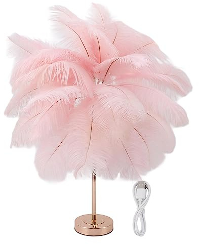 YLSZHY Lampe de Chevet Lampe de Table Décorative en Plume d'autruche de 30 Pièces, Style Créatif Moderne et Romantique, Lumière de Nuit sur la Table de Chevet de la Chambre à Coucher(Rose)
