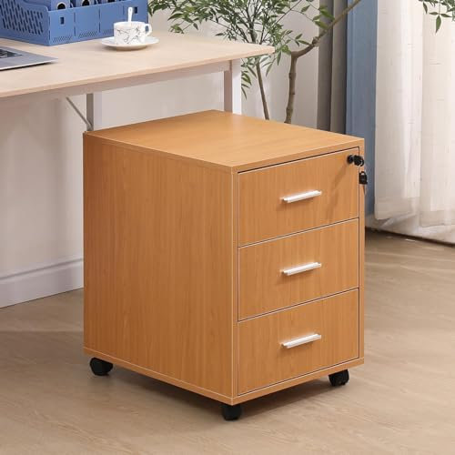 Pantanal Mobile 3 Drawers File Storage Cabinet Lockable on Wheels, Wood Under Desk Drawer Unit Pedestal for Filing Document on Caster Home Office Printer Stand Beside Cabinet (Walnut)