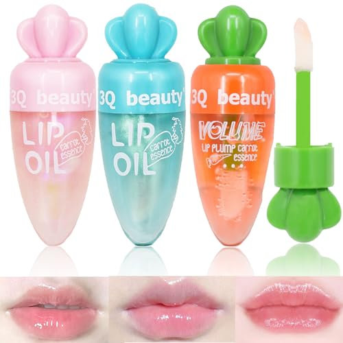 Moisturizing Lip Glow Oil Set, 3pcs Carrot Cute Lip Gloss Clear, Hydrating Lip Oil Set Lip Plumping Lip Gloss Tinted Lip Balm Moisturized Liquid Lipstick for Dry and Chapped Lips