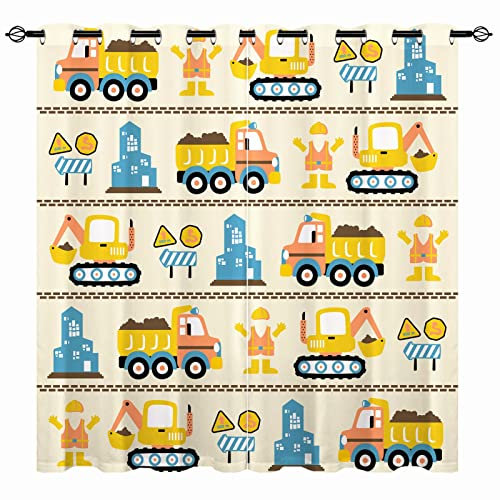 YUANZU Truck Vorhänge Kinder Bagger Arbeitnehmer Gebäude Ösen Gardinen mit Blickdichte Vorhang Kälteschutz Blackout Curtain Kinderzimmer Schlafzimmer Verdunkelung Fenster, 2 Stück, H 175 x B 140 cm