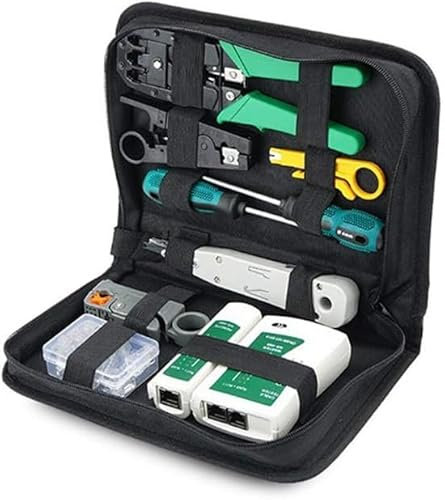 SQUADO Set di Attrezzi per Riparazione di Rete Professionale, Tester per Cavi di Rete, Cavi Patch, Tester per Computer, RJ11 RJ45, Borsa Porta Attrezzi Nera