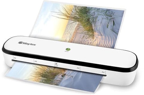 WAYTEX 78207 Laminiergerät A4, Heiß- und Kaltlaminierung, Aufheizzeit 3 Minuten, für Hüllen bis 125 Mikron, A4, A5, A6, speziell energiesparend, geringer Verbrauch, weiß