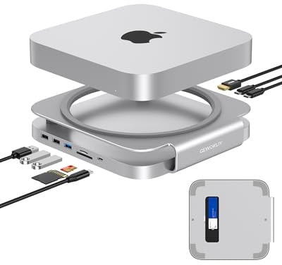 GEWOKLIY Mac Dock and Stand, USB-C Hub with SSD Enclosure for NVMe/SATA M.2, 4K HDMI Adapter, 10Gbps USB A/C Ports, TF/SD Card Reader, Mac Mini/Studio Hub