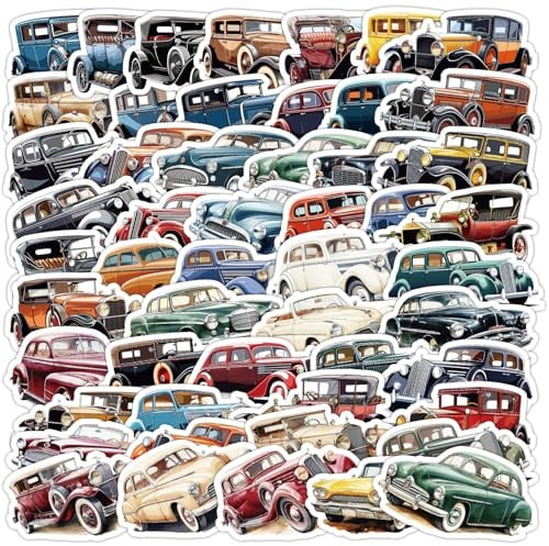 Vintage Autos Sticker Set Aufkleber Jugendliche Erwachsene 50 Stück Vintage Oldtimer Wasserfeste Vinyl Decals Auto Motorräder Fahrrad Skateboard Snowboard Gepäck Laptop Koffer Helm Motorrad Computer