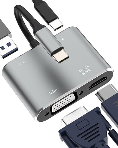 Adaptateur USB C Vers HDMI VGA(4 en 1)USB OTG 3.0 Port Type C PD Charge Macbook PC Pour IPad Pour IPhone16 15 Pro Max Pour 4K écran Connecteur Thunderbolt DisplayPort Ordinateur Hub Multiport Portable