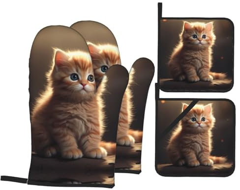 YYHWHJDE Süße kleine Katze bedruckte Ofenhandschuhe und Topflappen, 4er-Set: dick und langlebig, verbrühungsfrei und wärmeisolierend