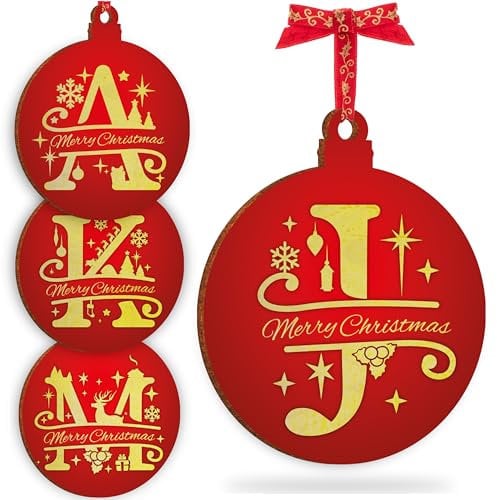 Initial Ornament for Christmas Tree Decorations - 12x10cm - Xmas Wooden Hanging Green Baubles, Christma Family Tree Gifts C3 (Initial #J)