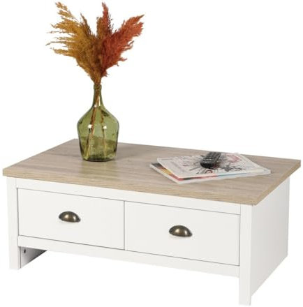 PRICE FACTORY Table Basse avec 2 tiroirs Design Colonial – 90x53xH36 cm, Coloris Blanc et Plateau chêne Clair – Collection Madera
